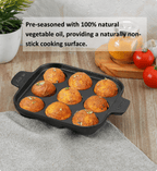 Black muffin tin with baked goods on a kitchen counter, featuring text about natural vegetable oil.