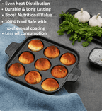 Baked buns in a pan with text highlighting features on a gray surface.