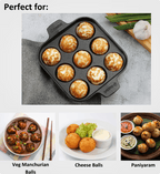 Muffin tin with baked items, used for making Veg Manchurian Balls, Cheese Balls, and Paniyaram.