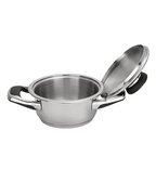 Stainless steel pot with lid on a white background