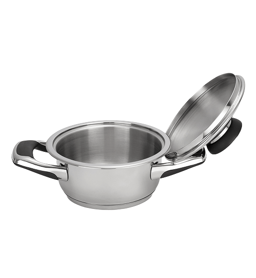 Stainless steel pot with lid on a white background