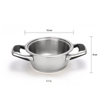 Stainless steel pot with dimensions on a white background