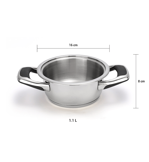 Stainless steel pot with dimensions on a white background