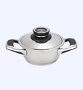 Stainless steel pot with black handles and lid on a white background