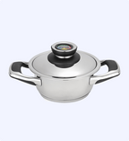 Stainless steel pot with black handles and lid on a white background