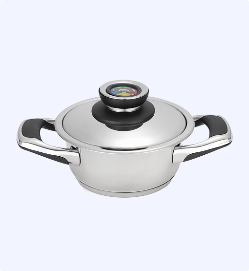 Stainless steel pot with black handles and lid on a white background