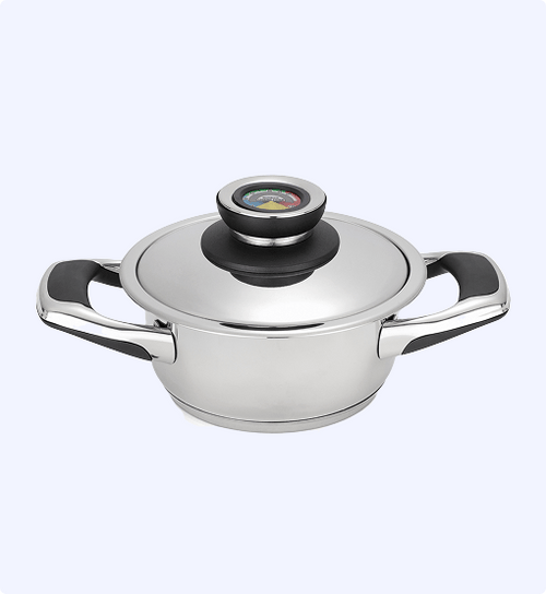 Stainless steel pot with black handles and lid on a white background