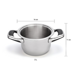 Stainless steel pot with dimensions on a white background