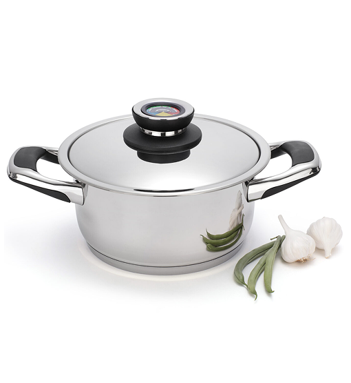 Stainless steel pot with a lid on a white background