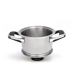 Stainless steel pot with black handles on a white background