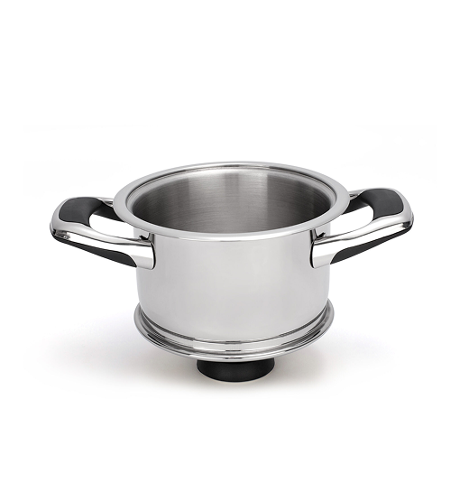 Stainless steel pot with black handles on a white background