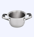Stainless steel pot with handles on a white background