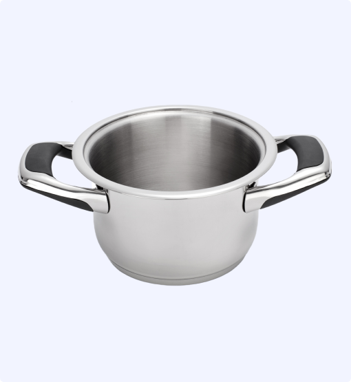 Stainless steel pot with handles on a white background