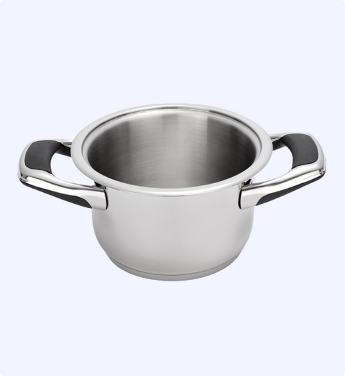 Stainless steel pot with handles on a white background