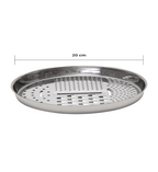 Stainless steel steamer basket with dimensions on a white background