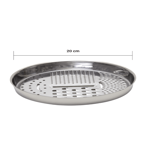 Stainless steel steamer basket with dimensions on a white background