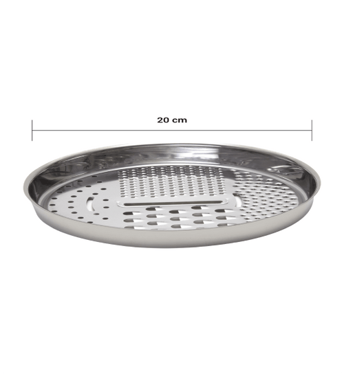Stainless steel steamer basket with dimensions on a white background