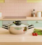 Stainless steel pot with lid on a kitchen counter with vegetables