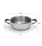 Stainless steel pot with dimensions on a white background