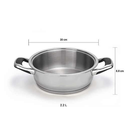 Stainless steel pot with dimensions on a white background