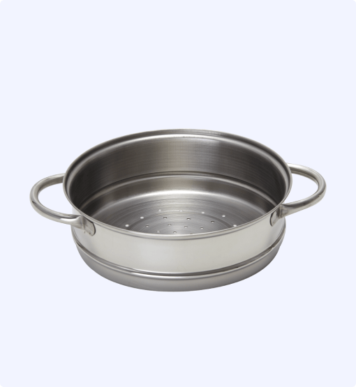 Stainless steel steamer pot on a light gray background