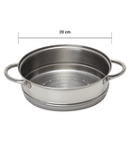 Stainless steel steamer pot with dimensions on a white background
