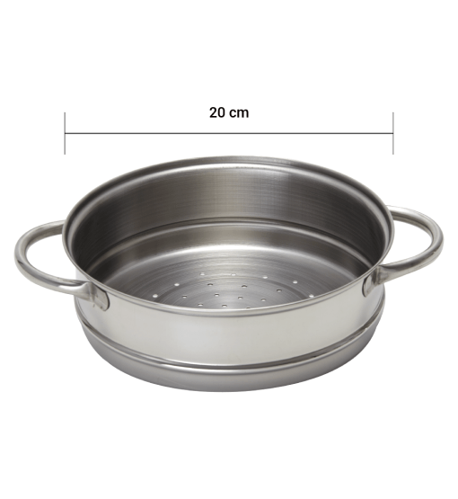 Stainless steel steamer pot with dimensions on a white background