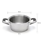 Stainless steel pot with dimensions on a white background