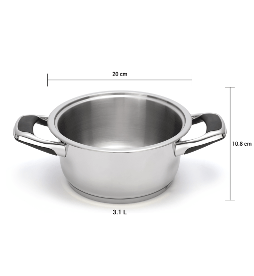 Stainless steel pot with dimensions on a white background