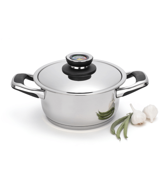 Stainless steel cookware pot with lid on a white background