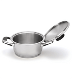 Stainless steel pot with lid on a white background