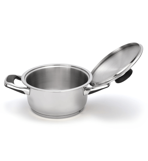 Stainless steel pot with lid on a white background