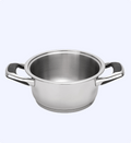 Stainless steel pot with handles on a white background