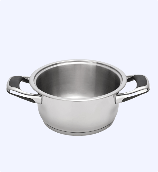 Stainless steel pot with handles on a white background