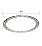 Metal pizza tray with dimensions on a white background