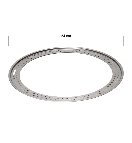 Metal pizza tray with dimensions on a white background