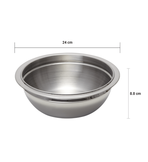 Stainless steel bowl with dimensions on a white background