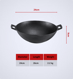 Black cast iron wok with dimensions and weight information on a white background