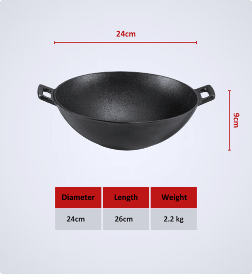 Black cast iron wok with dimensions and weight information on a white background