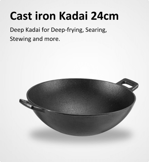 Cast iron Kadai with text on a white background