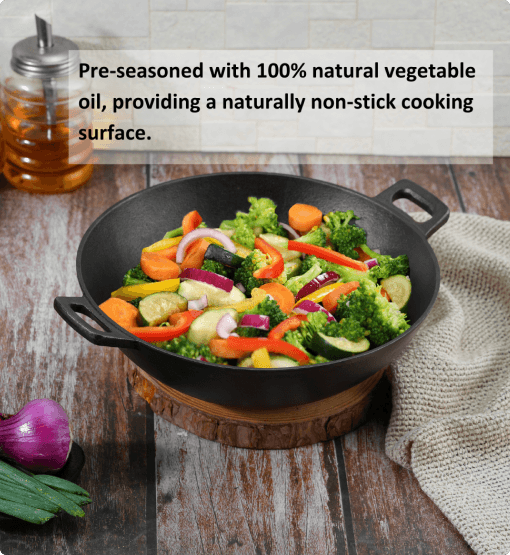 Black cast iron skillet with colorful vegetables on a wooden surface, with text about natural vegetable oil.