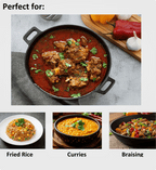 Dish of meat in a red sauce with vegetables on a cutting board, labeled for use in fried rice, curries, and braising.
