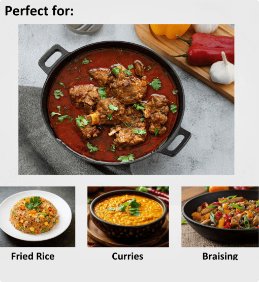 Dish of meat in a red sauce with vegetables on a cutting board, labeled for use in fried rice, curries, and braising.