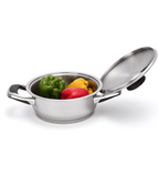 Stainless steel pot with colorful peppers inside on a white background
