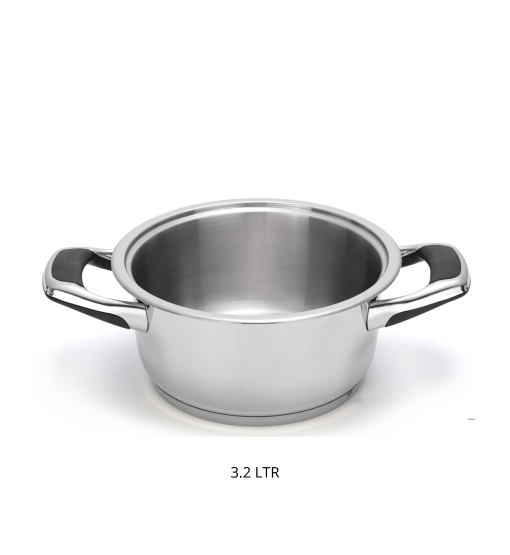 Stainless steel pot with handles on a white background
