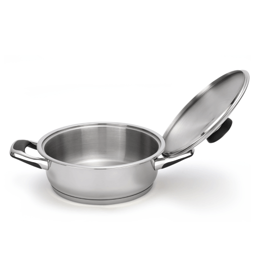 Stainless steel pot with lid on a white background