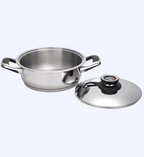 Stainless steel pot with lid on a white background