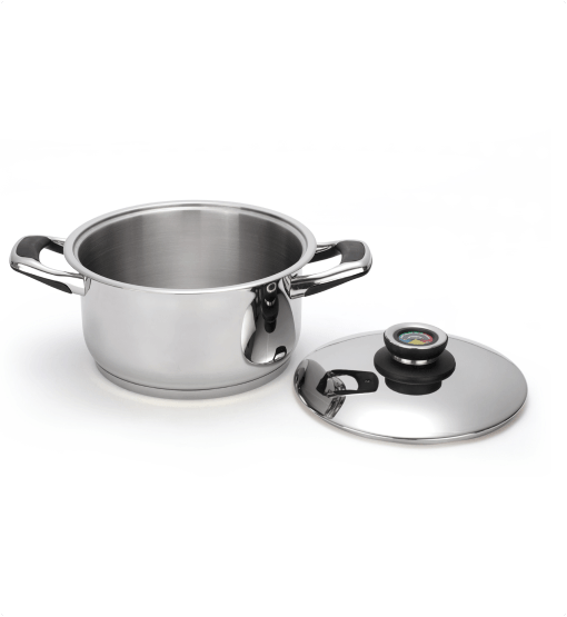 Stainless steel pot with lid on a white background