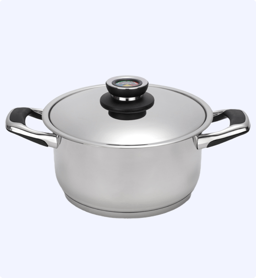 Stainless steel pot with lid on a white background