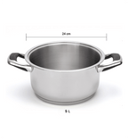 Stainless steel pot with dimensions on a white background